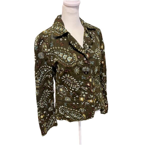 VTG Johnny Was Intricate Embroidered Paisley Military Army Green Blazer Jacket M - Picture 1 of 8